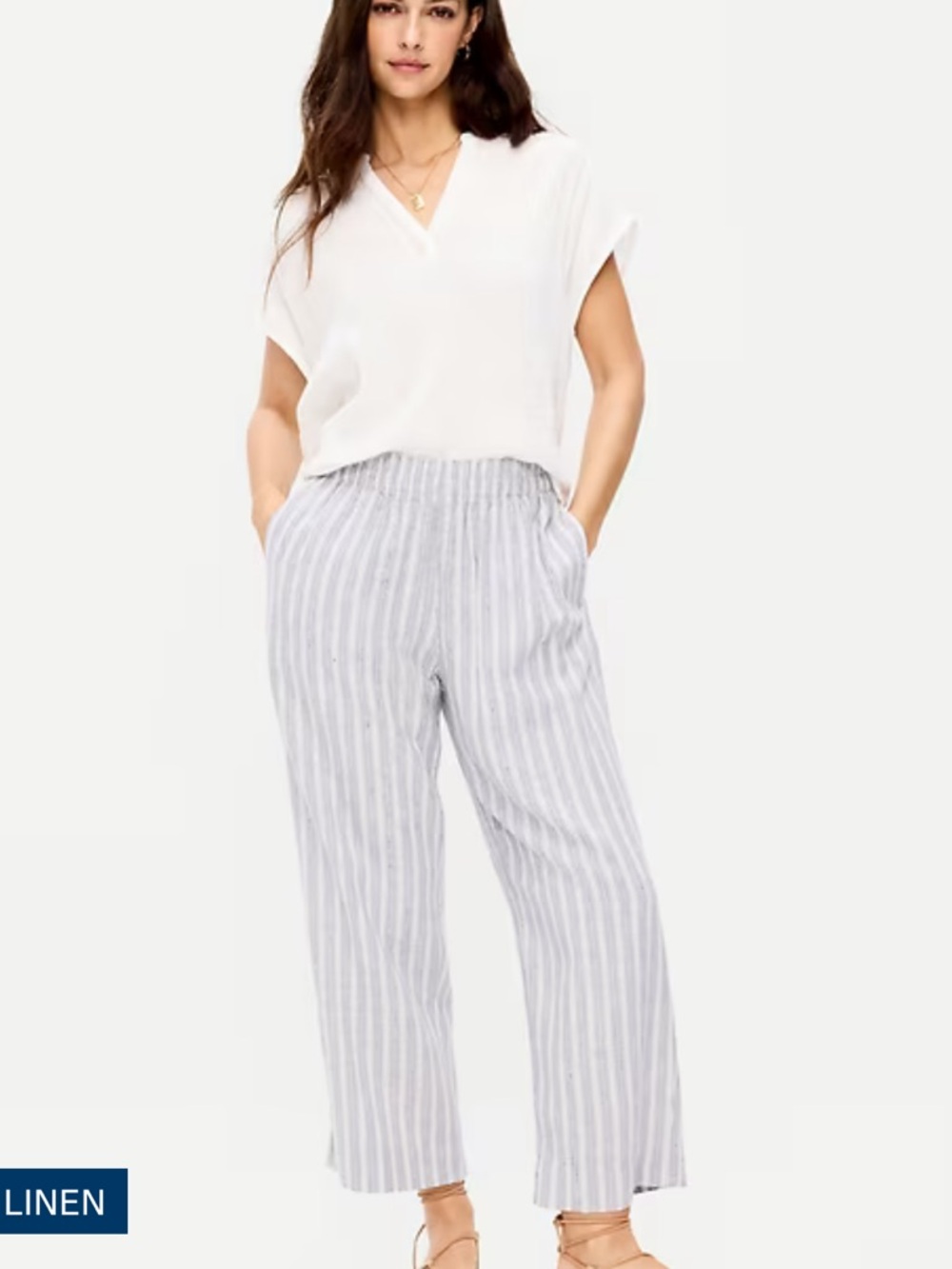 Old Navy High-Waisted Linen-Blend Straight Ankle Pants - Light Gray Stripe